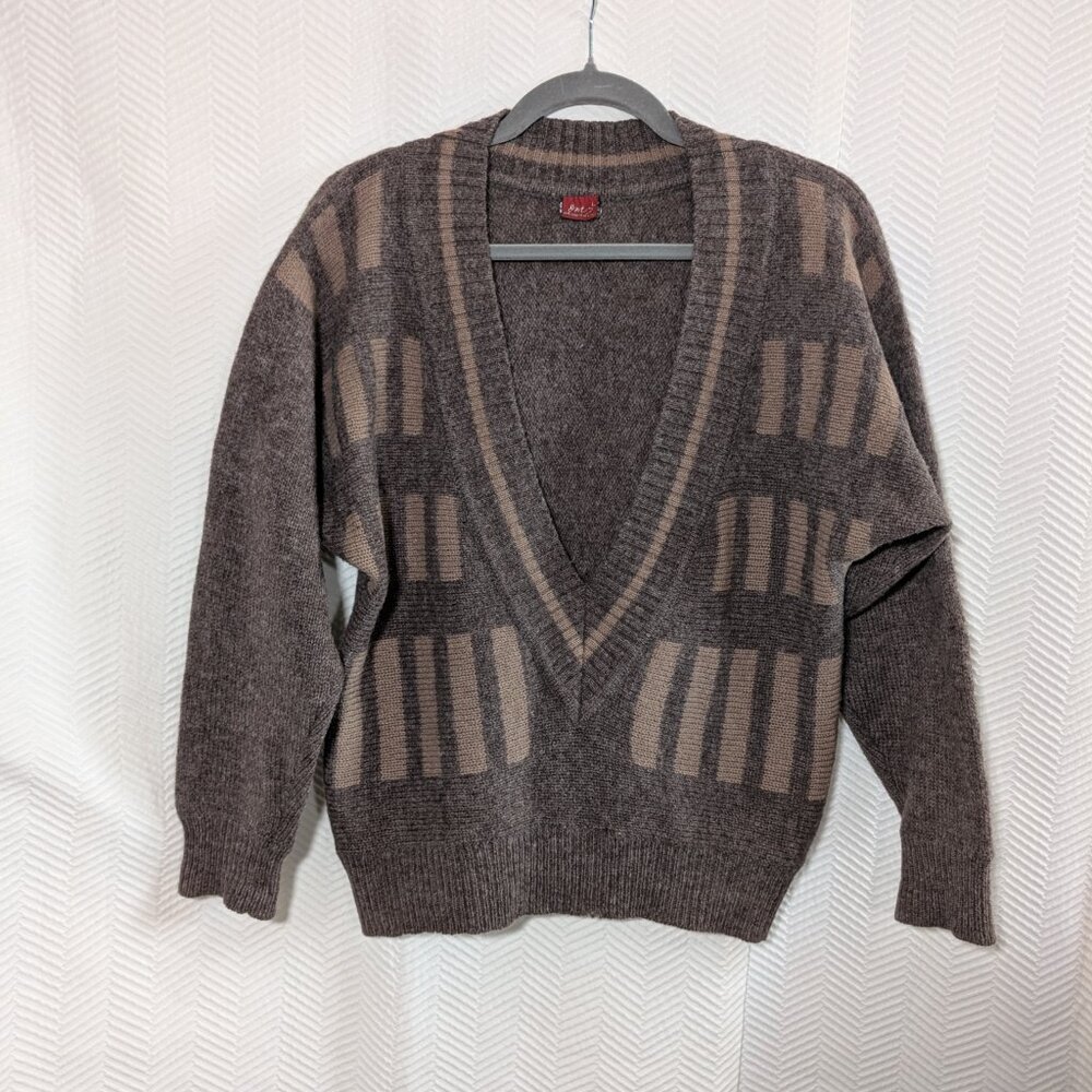 Vintage Shetland Wool Brown Sweater Deep V Neck Large Grandpa Academia Preppy - Picture 3 of 10